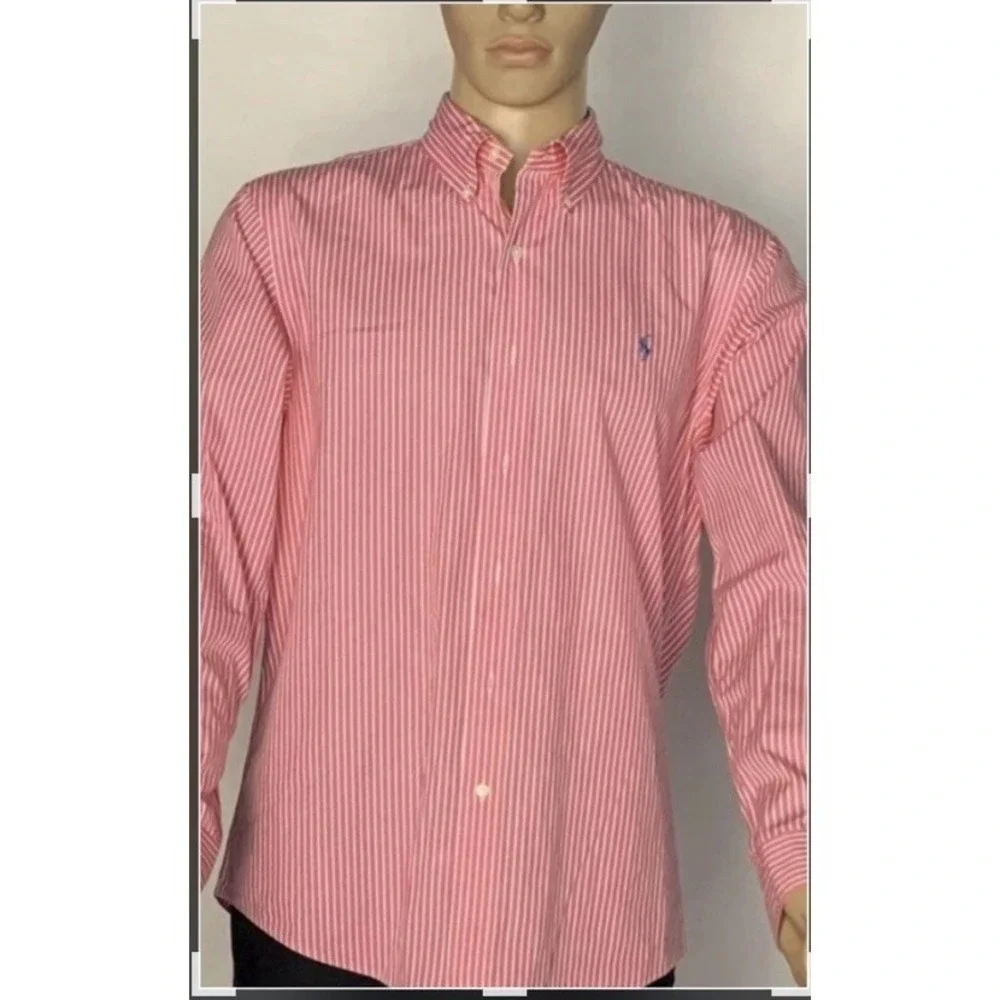 Ralph Lauren Shirt Boys Button Down XL (18-20) Pink White Striped Blue Pony Logo